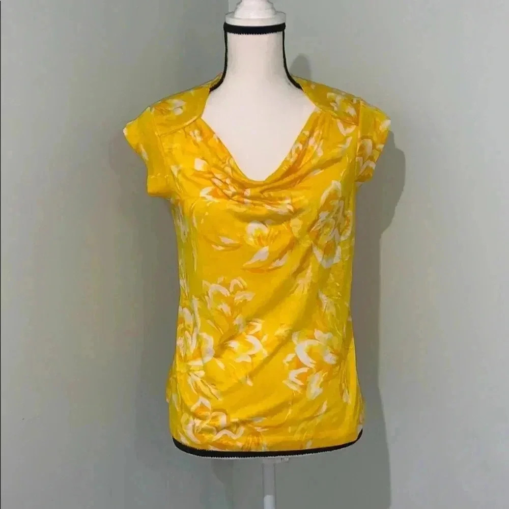 Rafaella Yellow White Floral Waterfall Neck Blouse